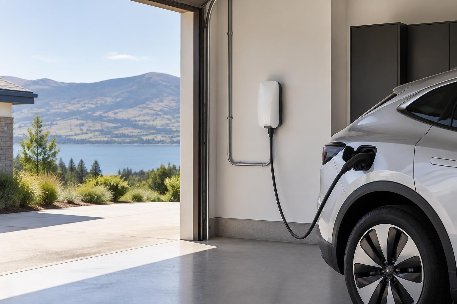 Professionally installed home EV charger overlooking the Okanagan